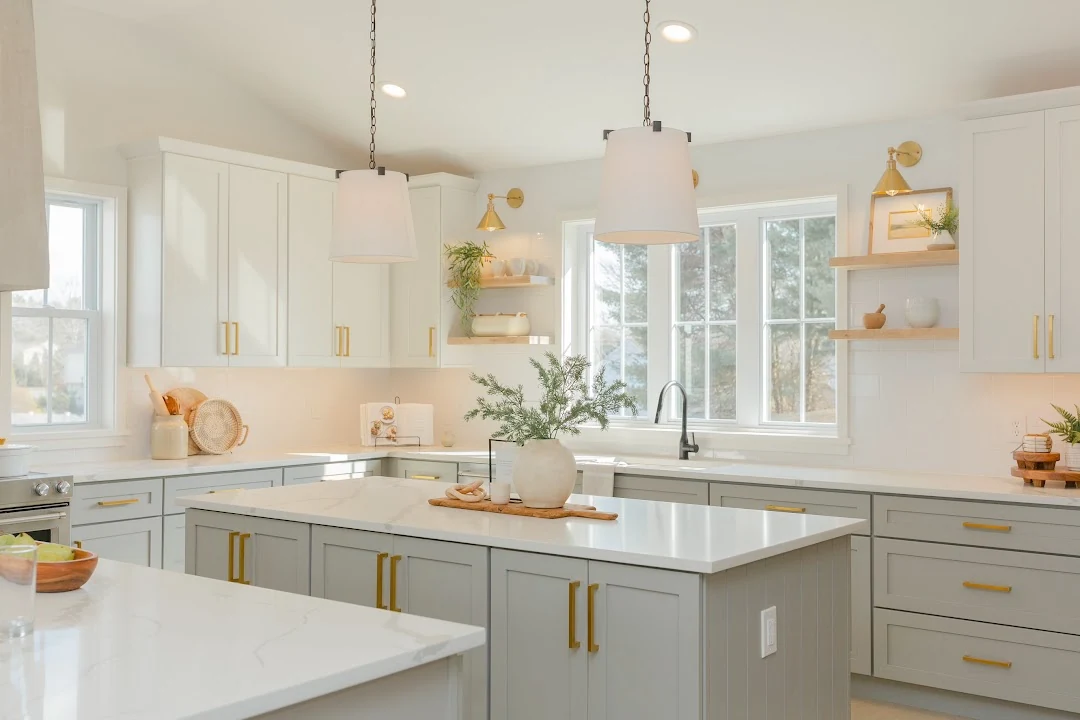 Dart Hill kitchen after renovation, with white cabinets, brass handles and a central island.